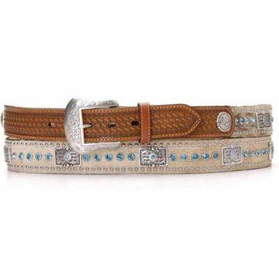 Nocona Men's Leather Calf Hair Blue Bar Bling Belt