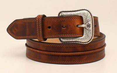 Image showing  Men's Leather Belt with Center Piping, Medium Brown