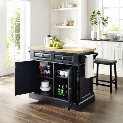 Image showing  Oxford Rolling Kitchen Island Cart with Upholstered Saddle Bar Stools