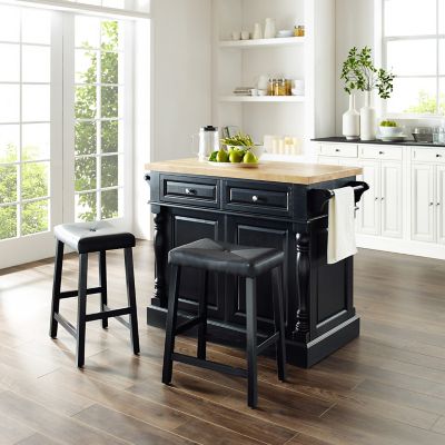 Image showing  Oxford Rolling Kitchen Island Cart with Upholstered Saddle Bar Stools