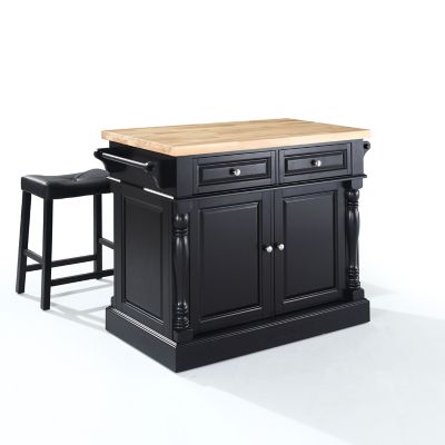 Image showing  Oxford Rolling Kitchen Island Cart with Upholstered Saddle Bar Stools