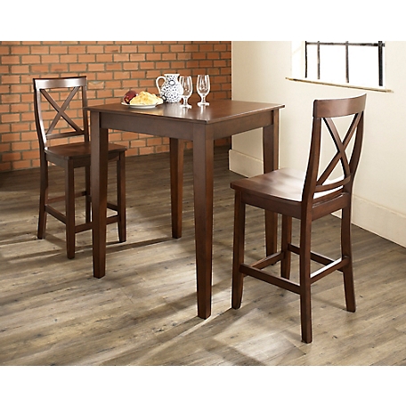 Crosley Rectangular Pub Dining Set with Tapered Leg X-Back Stools, Brown, 3 pc.