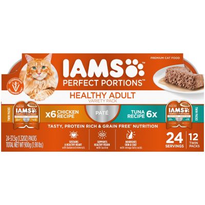 Iams Perfect Portions Adult Indoor Grain-Free Chicken and Tuna Pate Wet Cat Food Variety Pack, 2.6 oz., Pack of 12