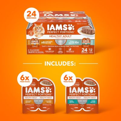 Image showing 7 th Iams Perfect Portions Adult Indoor Grain-Free Chicken and Tuna Pate Wet Cat Food Variety pk., 2.6 oz., Pack of 12