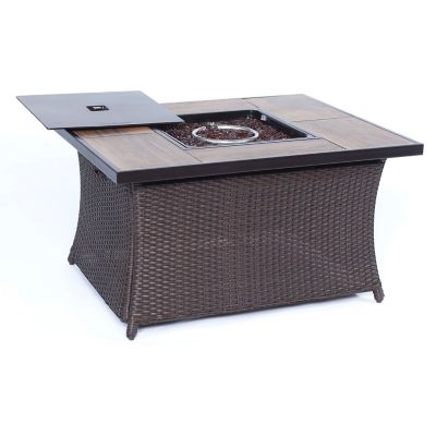 Hanover Woven Fire Pit Coffee Table with Wood Grain Tile-Top, LP Gas, 40,000 BTU -  COFFEETBLFP-WG