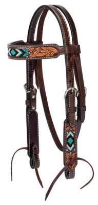 Western Brown Leather Nose Band with Hand Floral Carving & Paint Inlay 