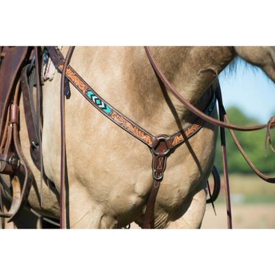 Image showing  1-1/4 in. Turquoise Cross Beaded Straight Leather Breastcollar