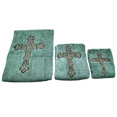 HiEnd Accents Embroidered Cross Towel Set, Turquoise, 3PC