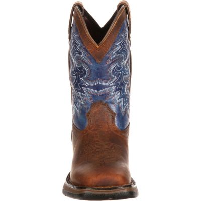 Image showing  Boys' Lil' Durango Pull-On Western Boots, 8 in., Dark Brown/Blue, Big Kid