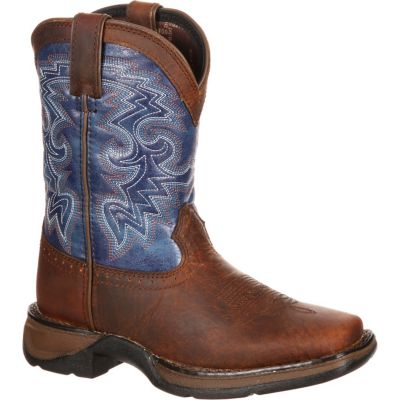 Image showing  Boys' Lil' Durango Pull-On Western Boots, 8 in., Dark Brown/Blue, Big Kid