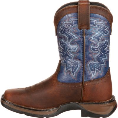 Image showing  Boys' Lil' Durango Pull-On Western Boots, 8 in., Dark Brown/Blue, Big Kid