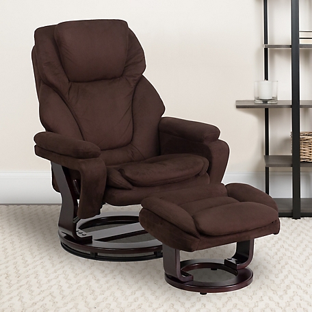 Flash Furniture Contemporary Brown Microfiber Recliner and Ottoman with Swiveling Mahogany Wood Base, 42 in. x 31.5 in. x 42 in.