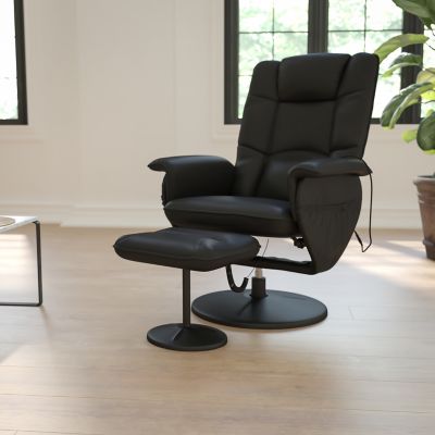Flash Furniture Massaging Black Leather Recliner and Ottoman with Leather Wrapped Base, 40 in. x 29.5 in. x 39 in.
