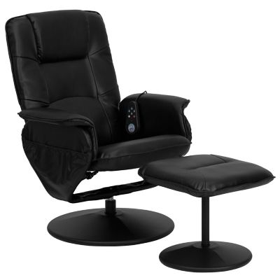 Image showing  40 in. x 29.5 in. x 39 in. Massaging Leather Recliner and Ottoman with Leather-Wrapped Base, Black