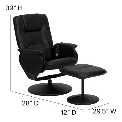 Image showing  40 in. x 29.5 in. x 39 in. Massaging Leather Recliner and Ottoman with Leather-Wrapped Base, Black