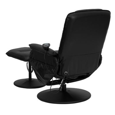 Image showing  40 in. x 29.5 in. x 39 in. Massaging Leather Recliner and Ottoman with Leather-Wrapped Base, Black