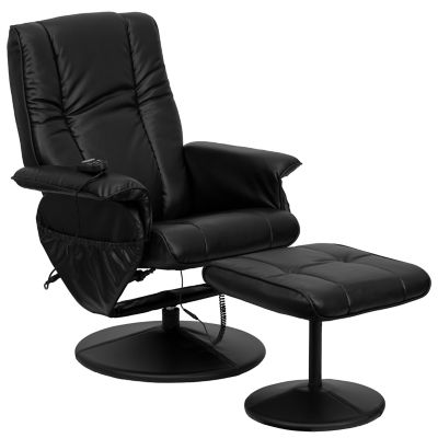 Image showing  43 in. x 30.75 in. x 41 in. Massaging Leather Recliner and Ottoman with Leather-Wrapped Base, Black