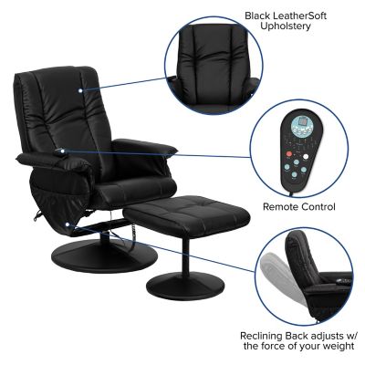 Image showing 5 th Flash Furniture 43 in. x 30.75 in. x 41 in. Massaging Leather Recliner and Ottoman with Leather-Wrapped Base, Black