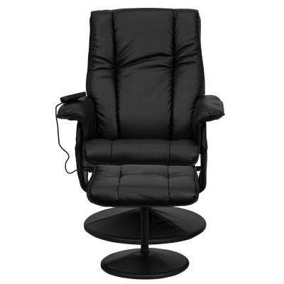 Image showing 7 th Flash Furniture 43 in. x 30.75 in. x 41 in. Massaging Leather Recliner and Ottoman with Leather-Wrapped Base, Black