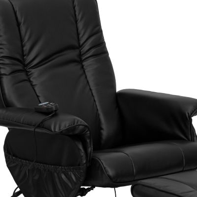 Image showing 8 th Flash Furniture 43 in. x 30.75 in. x 41 in. Massaging Leather Recliner and Ottoman with Leather-Wrapped Base, Black