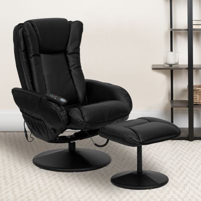 FLASH FURNITURE MASSAGING BLACK LEATHER RECLINER AND OTTOMAN WITH WRAPPED BASE 