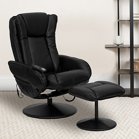 Flash Furniture Massaging Leather Recliner and Ottoman with Leather Wrapped Base, Remote Control