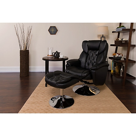 Flash Furniture Transitional Black Leather Recliner and Ottoman with Chrome Base, 46 in. x 30 in. x 41 in.