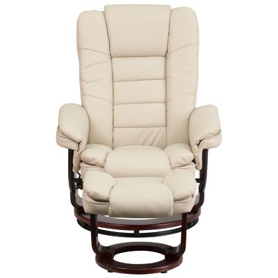 Image showing  40 in. x 32.75 in. x 41 in. Contemporary Vintage Leather Recliner and Ottoman with Swiveling Mahogany Wood Base
