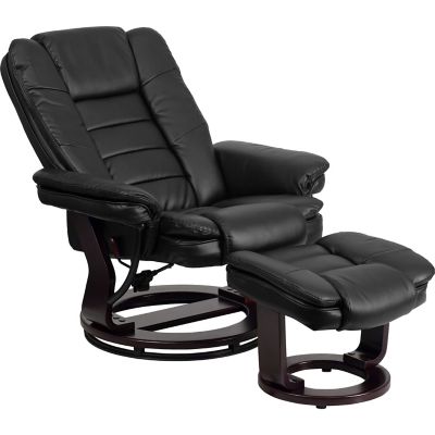 Image showing  40 in. x 32.75 in. x 41 in. Contemporary Vintage Leather Recliner and Ottoman with Swiveling Mahogany Wood Base