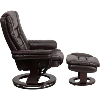 Image showing  40 in. x 32.75 in. x 41 in. Contemporary Vintage Leather Recliner and Ottoman with Swiveling Mahogany Wood Base
