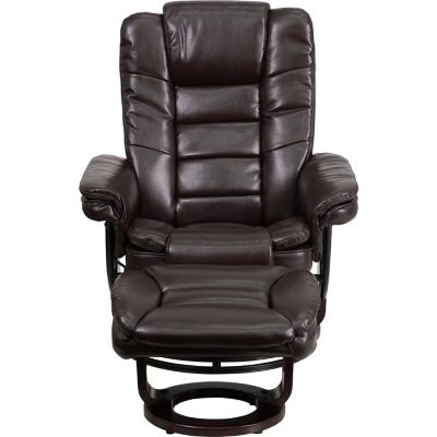 Image showing  40 in. x 32.75 in. x 41 in. Contemporary Vintage Leather Recliner and Ottoman with Swiveling Mahogany Wood Base