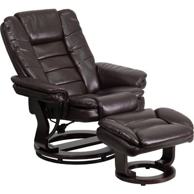 Image showing  40 in. x 32.75 in. x 41 in. Contemporary Vintage Leather Recliner and Ottoman with Swiveling Mahogany Wood Base