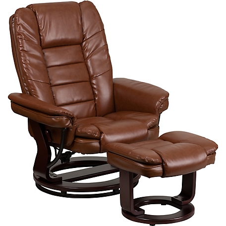 Flash Furniture Contemporary Vintage Leather Recliner and Ottoman with Swiveling Mahogany Wood Base, 40 in. x 32.75 in. x 41 in.