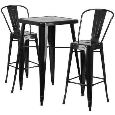 Flash Furniture 3 pc. 23.75 in. Square Metal Indoor/Outdoor Bar Table Set with 2 Stools with Backs, Black