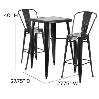 Image showing  3 pc. Metal Indoor/Outdoor Bar Table Set with 23.75 in. Square Table and 2 Stools with Backs, Black