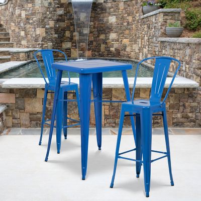 Flash Furniture 3 pc. 23.75 in. Square Metal Indoor/Outdoor Bar Table Set with 2 Stools with Backs, Blue