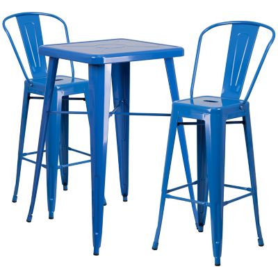 Image showing  3 pc. Metal Indoor/Outdoor Bar Table Set with 23.75 in. Square Table and 2 Stools with Backs, Blue