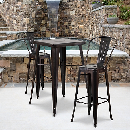 Flash Furniture 3 pc. 23.75 in. Square Metal Indoor/Outdoor Bar Table Set with 2 Stools with Backs, Black/Antique Gold