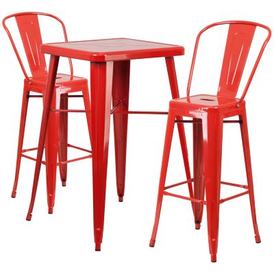 Image showing  3 pc. Metal Indoor/Outdoor Bar Table Set with 23.75 in. Square Table and 2 Stools with Backs, Red