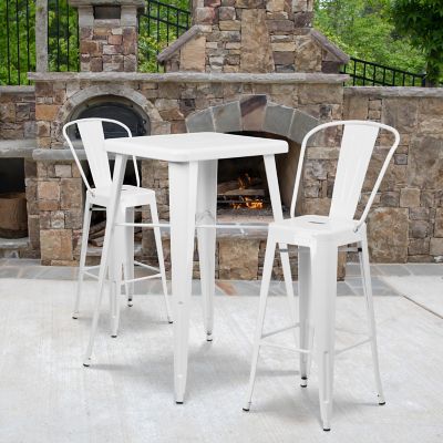 Flash Furniture 3 pc. Metal Indoor/Outdoor Bar Table Set with 23.75 in. Square Table and 2 Stools with Backs, White