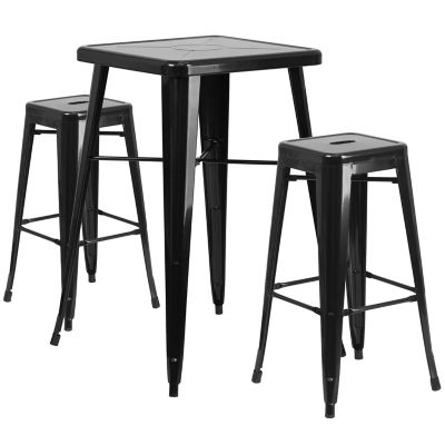 Flash Furniture 3 pc. 23.75 in. Square Metal Indoor/Outdoor Bar Table Set with 2 Square Seat Backless Stools, Black
