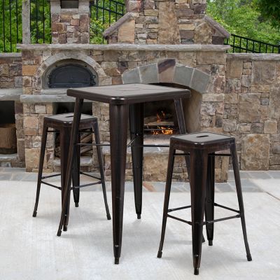 Flash Furniture 3 pc. 23.75 in. Square Metal Indoor/Outdoor Bar Table Set with 2 Square Seat Backless Stools, Black/Antique Gold