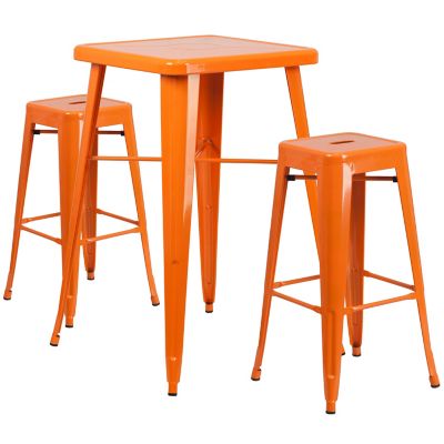 Flash Furniture 3 pc. 23.75 in. Square Metal Indoor/Outdoor Bar Table Set with 2 Square Seat Backless Stools, Orange