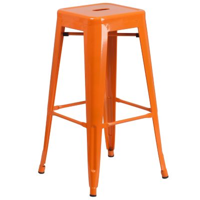 Image showing  3 pc. 23.75 in. Square Metal Indoor/Outdoor Bar Table Set with 2 Square Seat Backless Stools, Orange