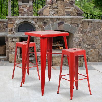 Flash Furniture 3 pc. 23.75 in. Square Metal Indoor/Outdoor Bar Table Set with 2 Square Seat Backless Stools, Red