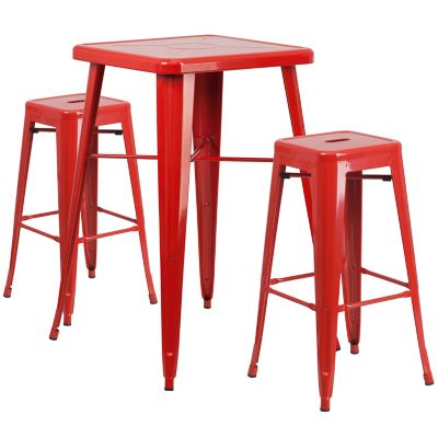 Image showing  3 pc. 23.75 in. Square Metal Indoor/Outdoor Bar Table Set with 2 Square Seat Backless Stools, Red