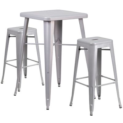 Flash Furniture 3 pc. 23.75 in. Square Metal Indoor/Outdoor Bar Table Set with 2 Square Seat Backless Stools, Silver