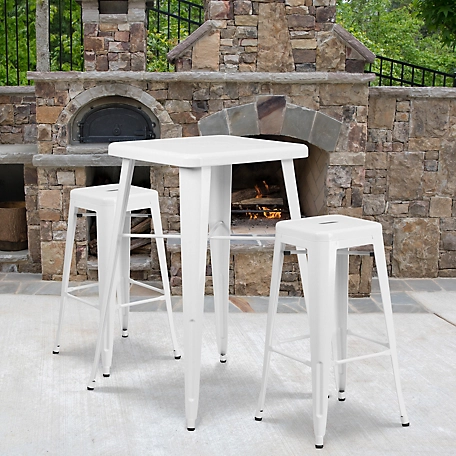 Flash Furniture 3 pc. 23.75 in. Square Metal Indoor/Outdoor Bar Table Set with 2 Square Seat Backless Stools, White