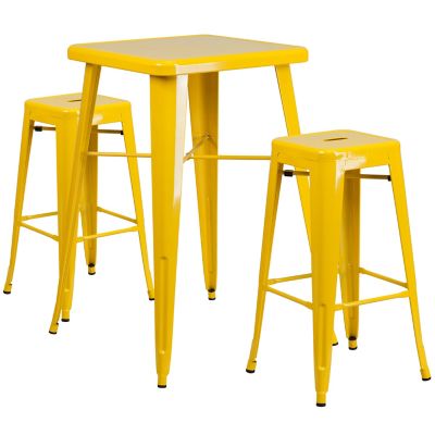 Flash Furniture 3 pc. 23.75 in. Square Metal Indoor/Outdoor Bar Table Set with 2 Square Seat Backless Stools, Yellow