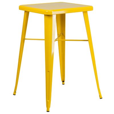 Image showing  3 pc. 23.75 in. Square Metal Indoor/Outdoor Bar Table Set with 2 Square Seat Backless Stools, Yellow